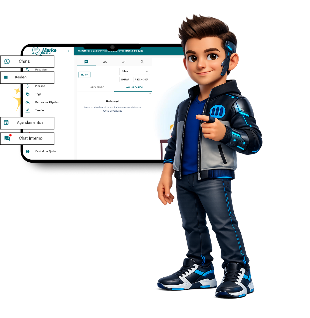 Imagem ilustrativa do MarkeDesk com elementos visuais da solução